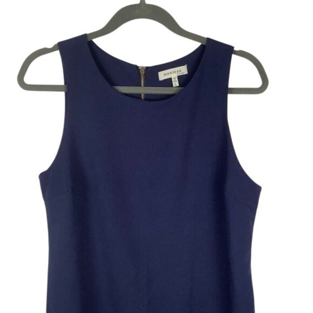 Monteau Navy Blue Classic Shift Dress Scalloped Hem Women Size Large Zip Back